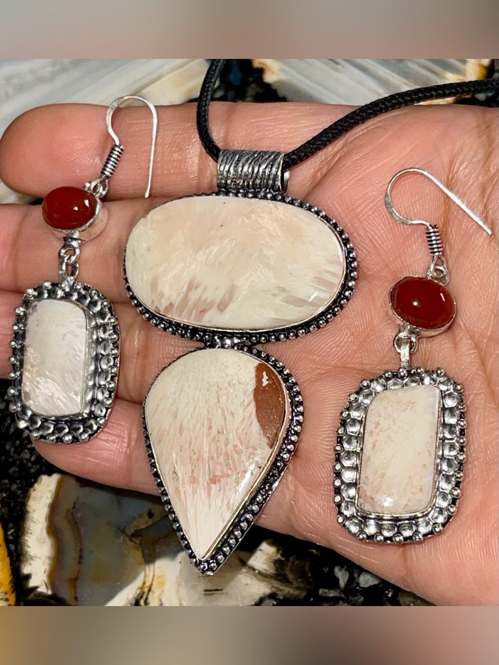 Scolecite & Carnelian Pendant & Earrings Set